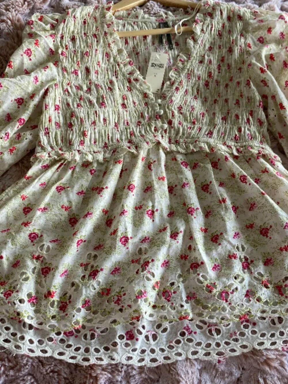 NWT Anthropologie Maeve Floral Smocked Eyelet Peplum Blouse Size M